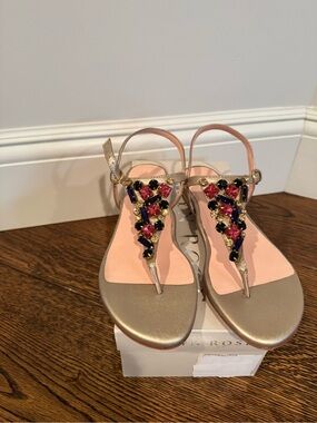 Taryn Rose Gold T-Strap Sandals with Pink Insole and Multicolored Gemstones